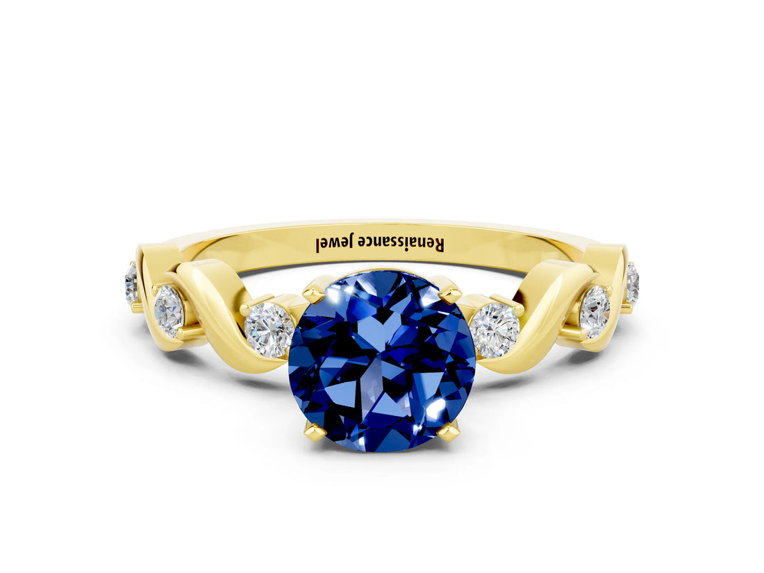 Yellow gold Round Cut Blue Sapphire Solitaire Twisted Band with Round  Accents and Prong Setting_12