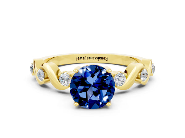 Yellow gold Round Cut Blue Sapphire Solitaire Twisted Band with Round  Accents and Prong Setting