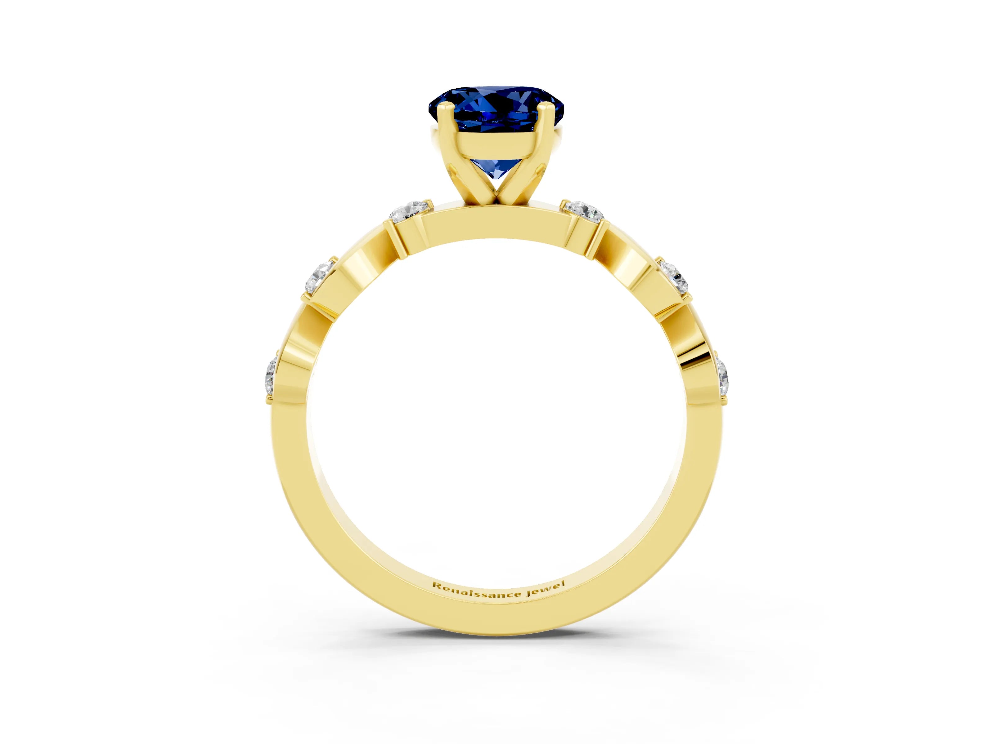 Yellow gold Round Cut Blue Sapphire Solitaire Twisted Band with Round  Accents and Prong Setting_15