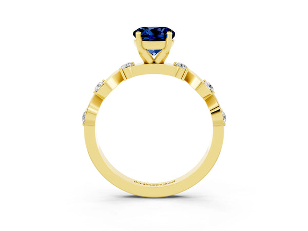 Yellow gold Round Cut Blue Sapphire Solitaire Twisted Band with Round  Accents and Prong Setting