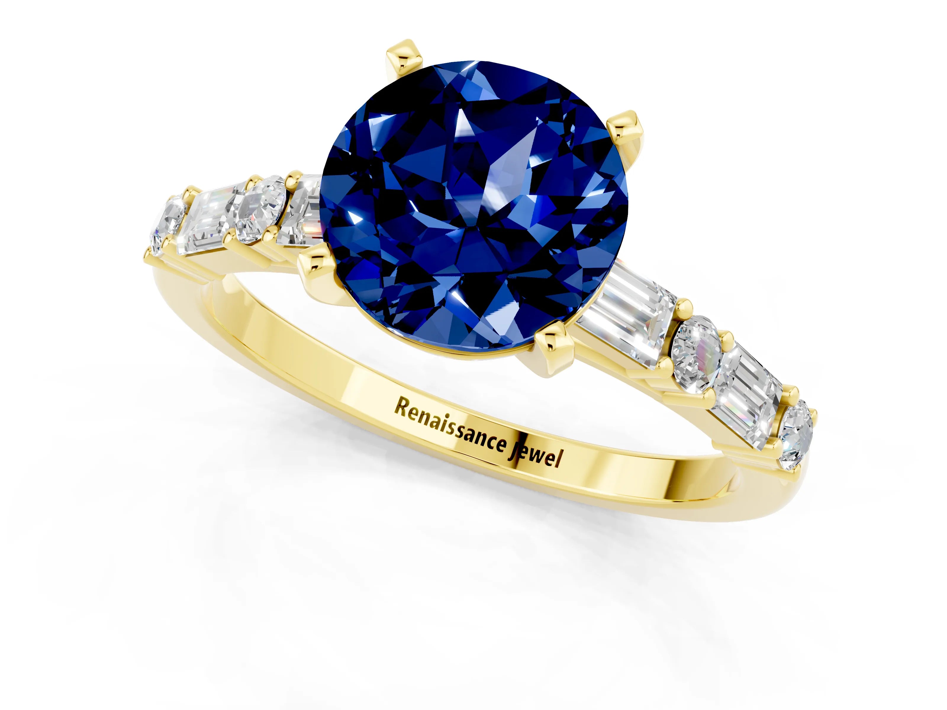 Yellow gold Round Cut Blue Sapphire Solitaire with Side Baguettes and Channel Set Band_1