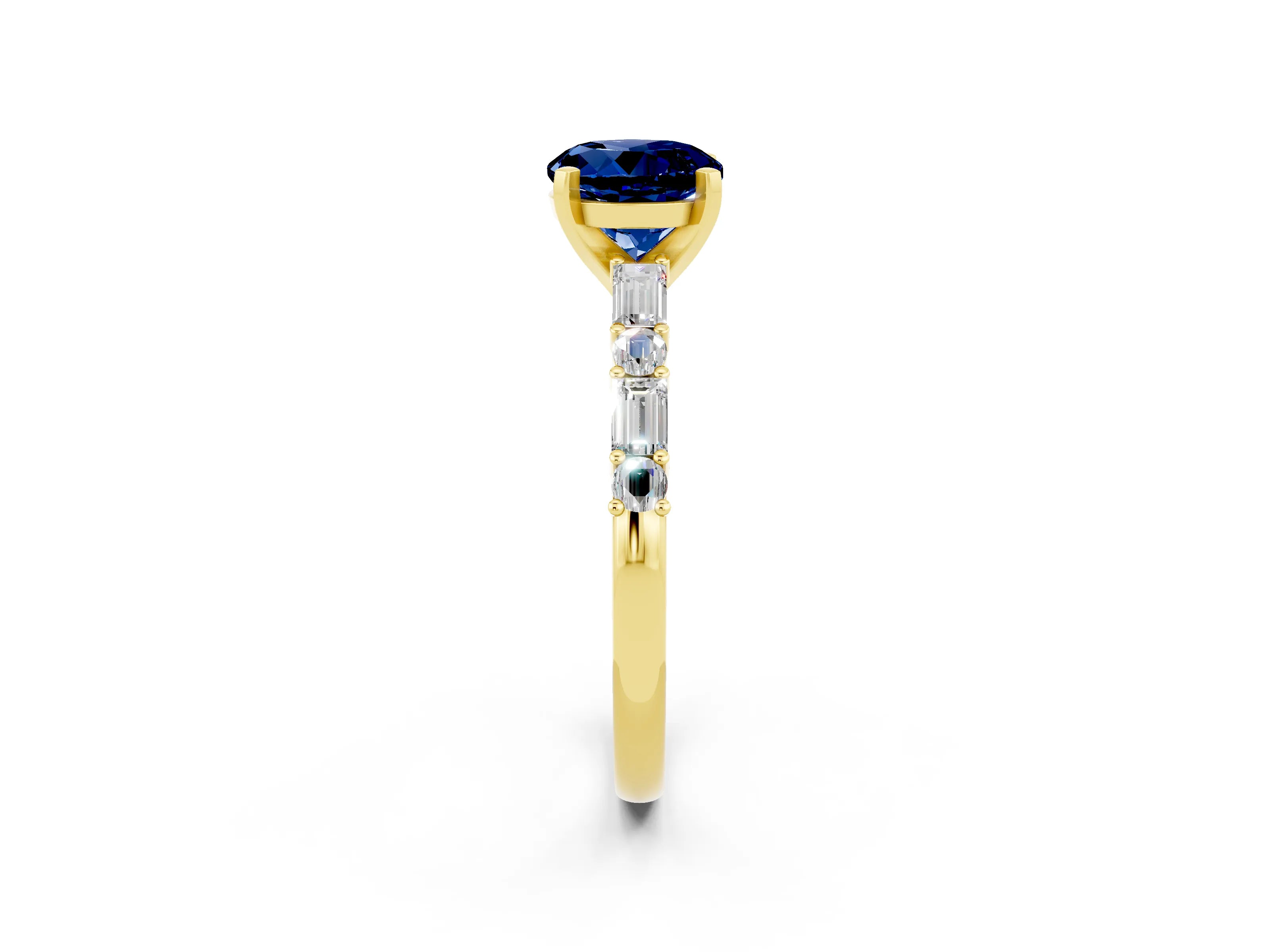 Yellow gold Round Cut Blue Sapphire Solitaire with Side Baguettes and Channel Set Band_2