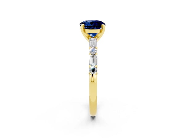 Yellow gold Round Cut Blue Sapphire Solitaire with Side Baguettes and Channel Set Band