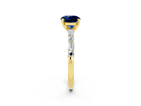 Yellow gold Round Cut Blue Sapphire Solitaire with Side Baguettes and Channel Set Band_2
