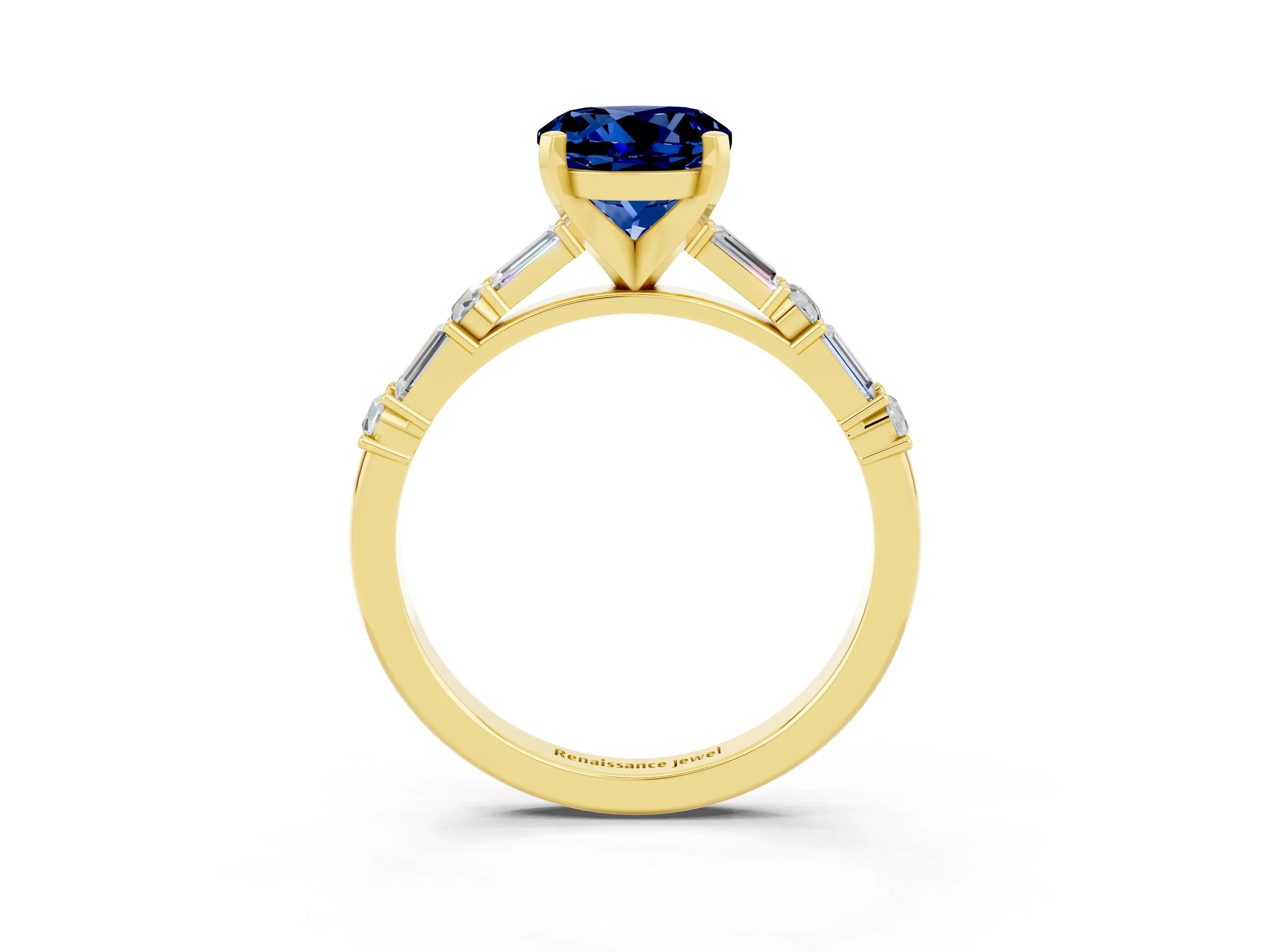 Yellow gold Round Cut Blue Sapphire Solitaire with Side Baguettes and Channel Set Band_3