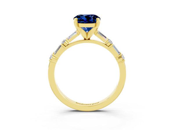 Yellow gold Round Cut Blue Sapphire Solitaire with Side Baguettes and Channel Set Band