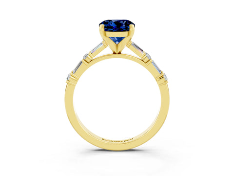 Yellow gold Round Cut Blue Sapphire Solitaire with Side Baguettes and Channel Set Band_3
