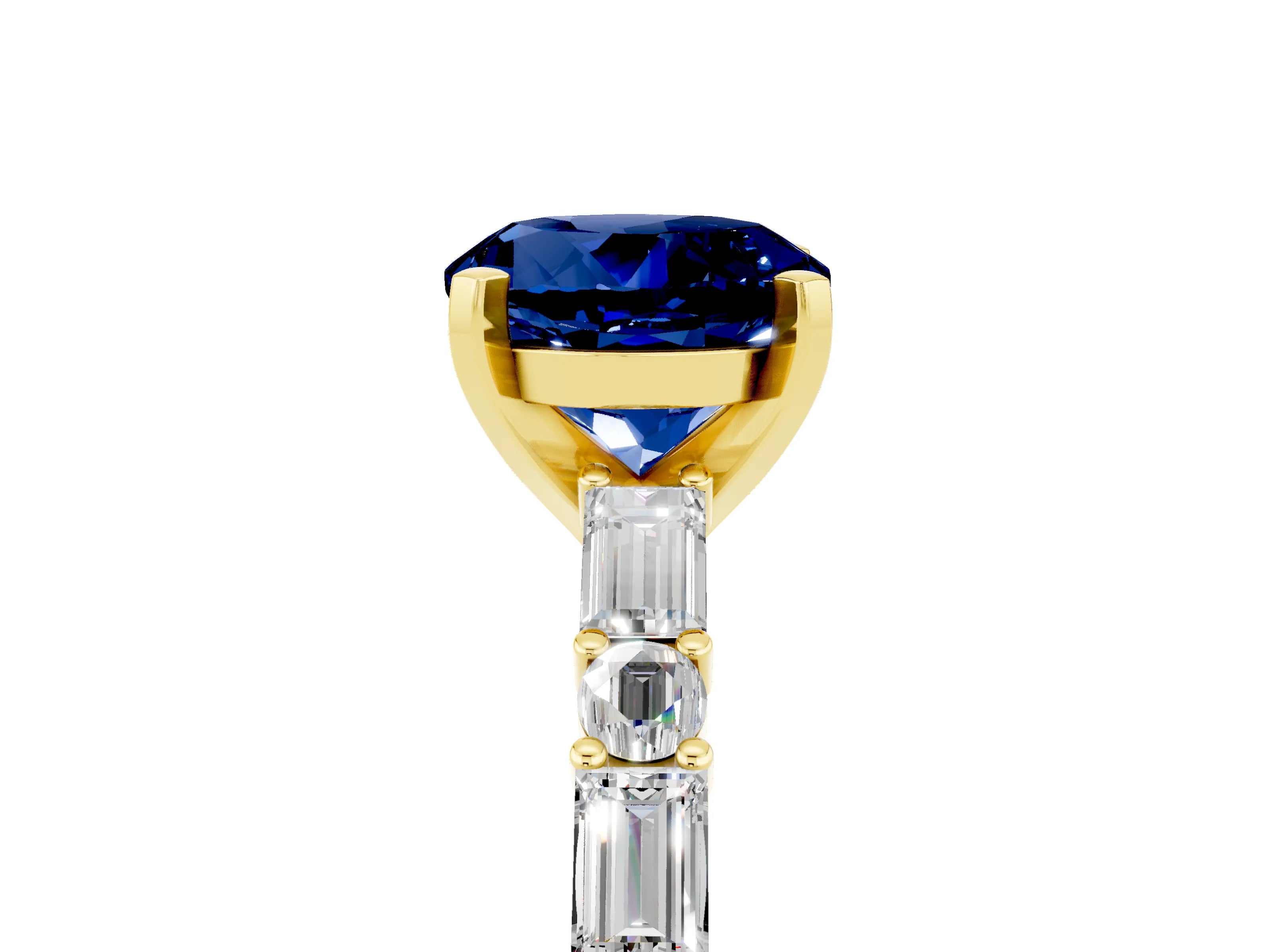Yellow gold Round Cut Blue Sapphire Solitaire with Side Baguettes and Channel Set Band_5