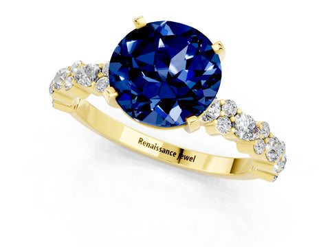 Yellow gold Round Cut Blue Sapphire Solitaire with Side Stones, Pave Band, Four-Prong Setting_37