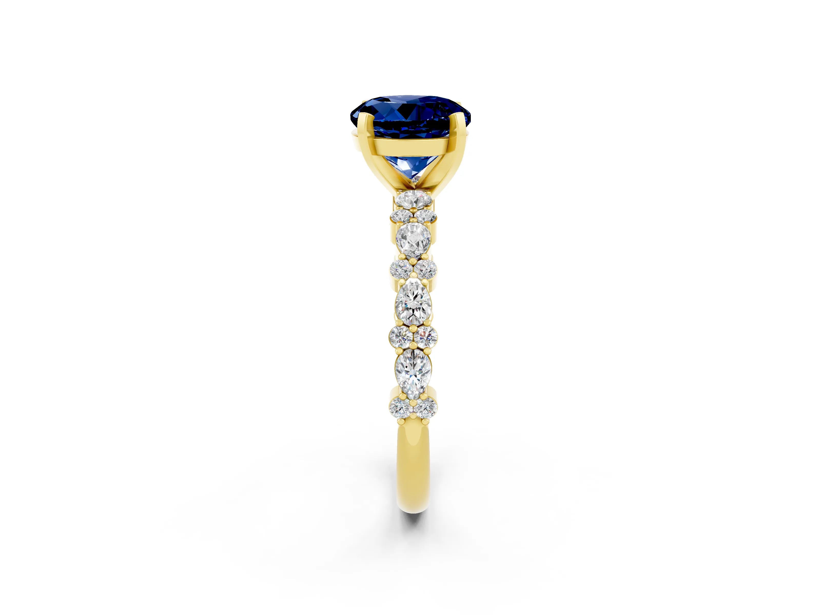 Yellow gold Round Cut Blue Sapphire Solitaire with Side Stones, Pave Band, Four-Prong Setting_38