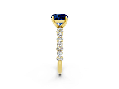 Yellow gold Round Cut Blue Sapphire Solitaire with Side Stones, Pave Band, Four-Prong Setting_38