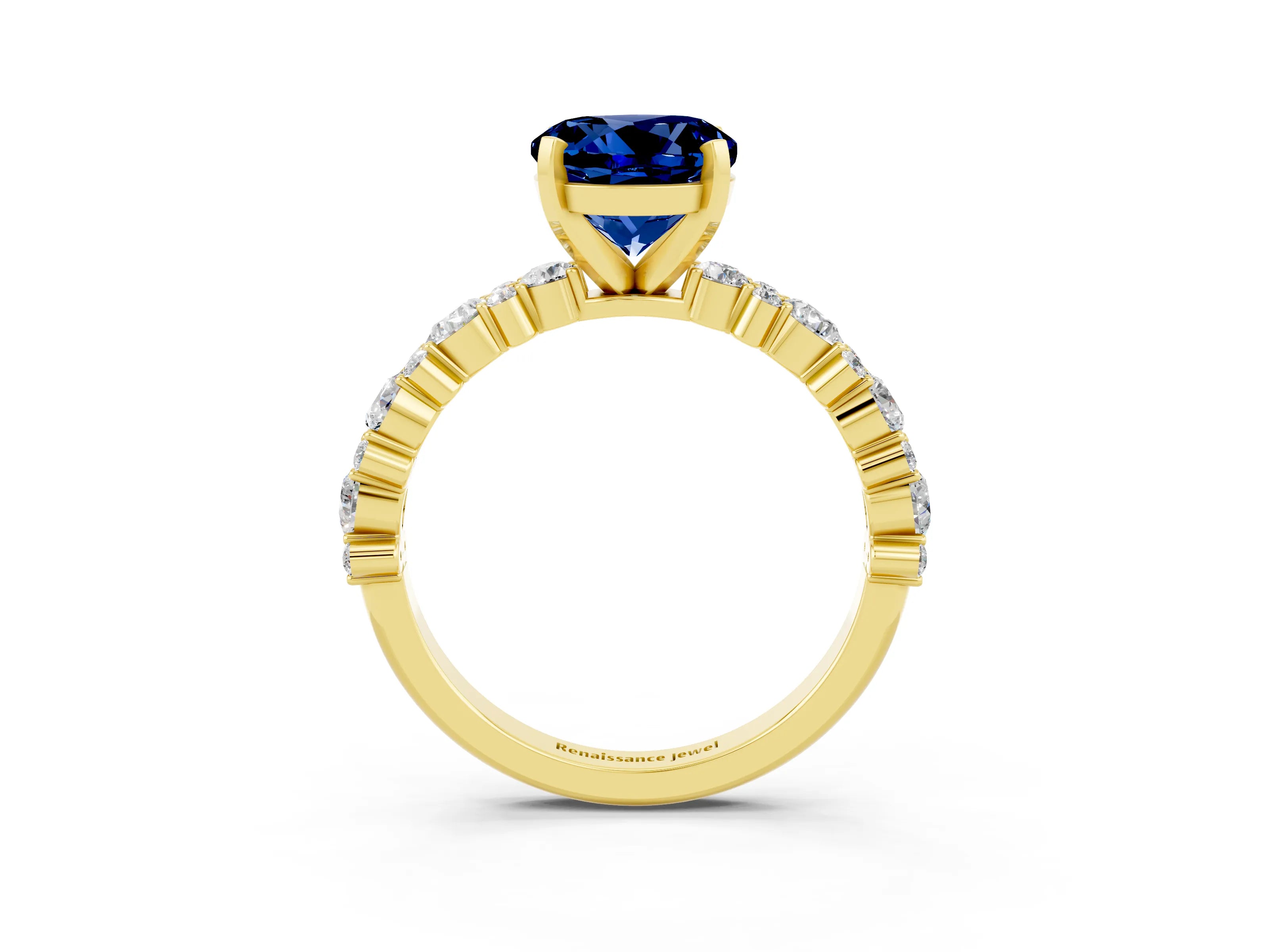 Yellow gold Round Cut Blue Sapphire Solitaire with Side Stones, Pave Band, Four-Prong Setting_39