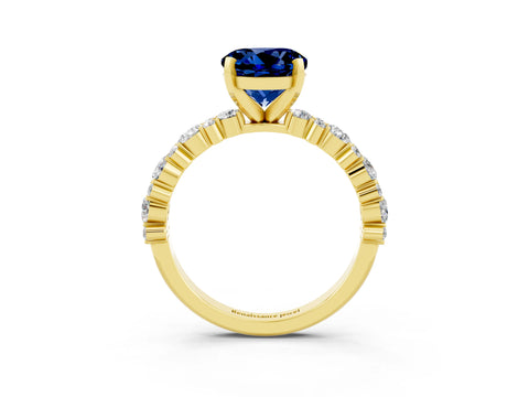 Yellow gold Round Cut Blue Sapphire Solitaire with Side Stones, Pave Band, Four-Prong Setting_39