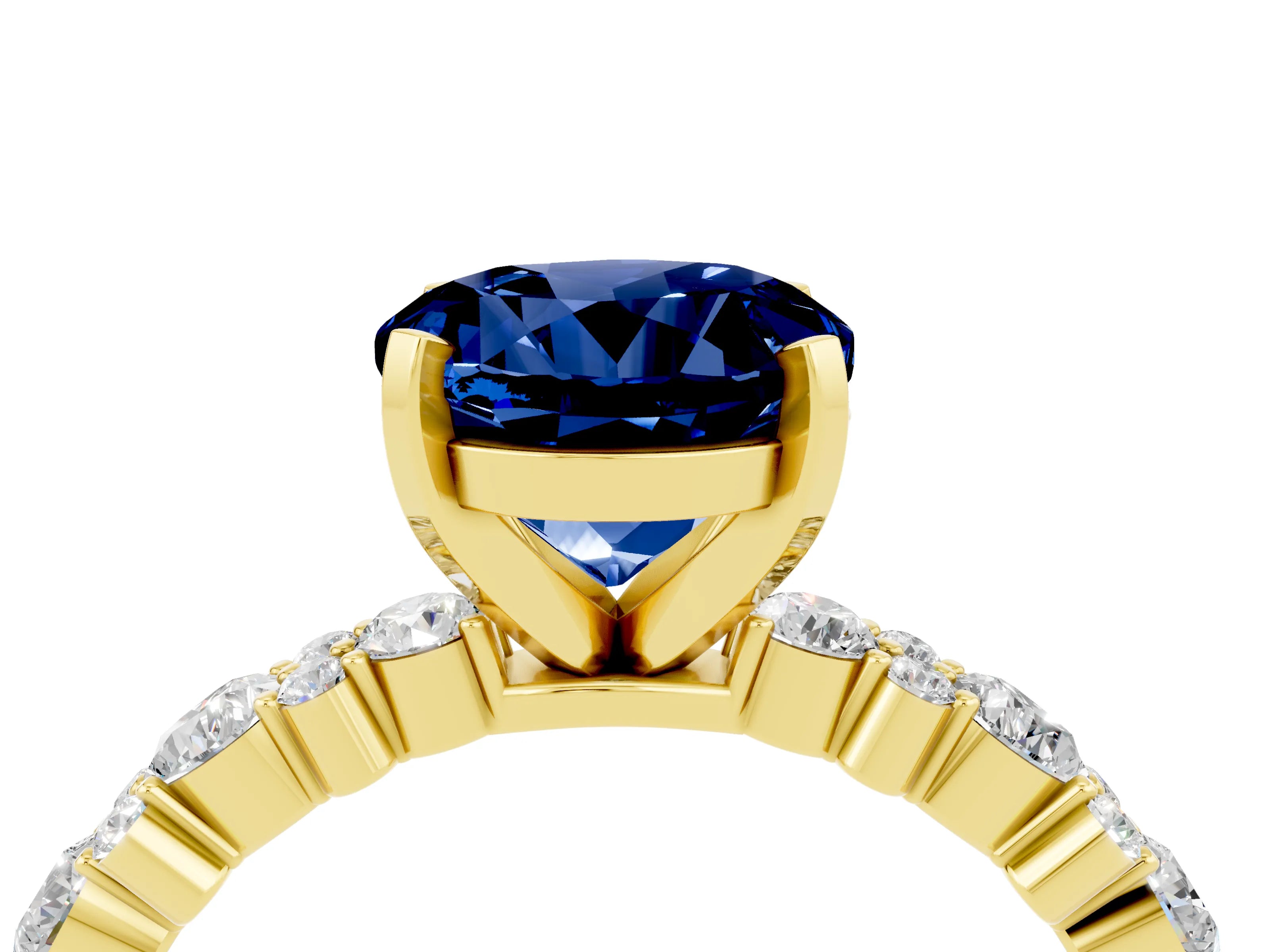 Yellow gold Round Cut Blue Sapphire Solitaire with Side Stones, Pave Band, Four-Prong Setting_40