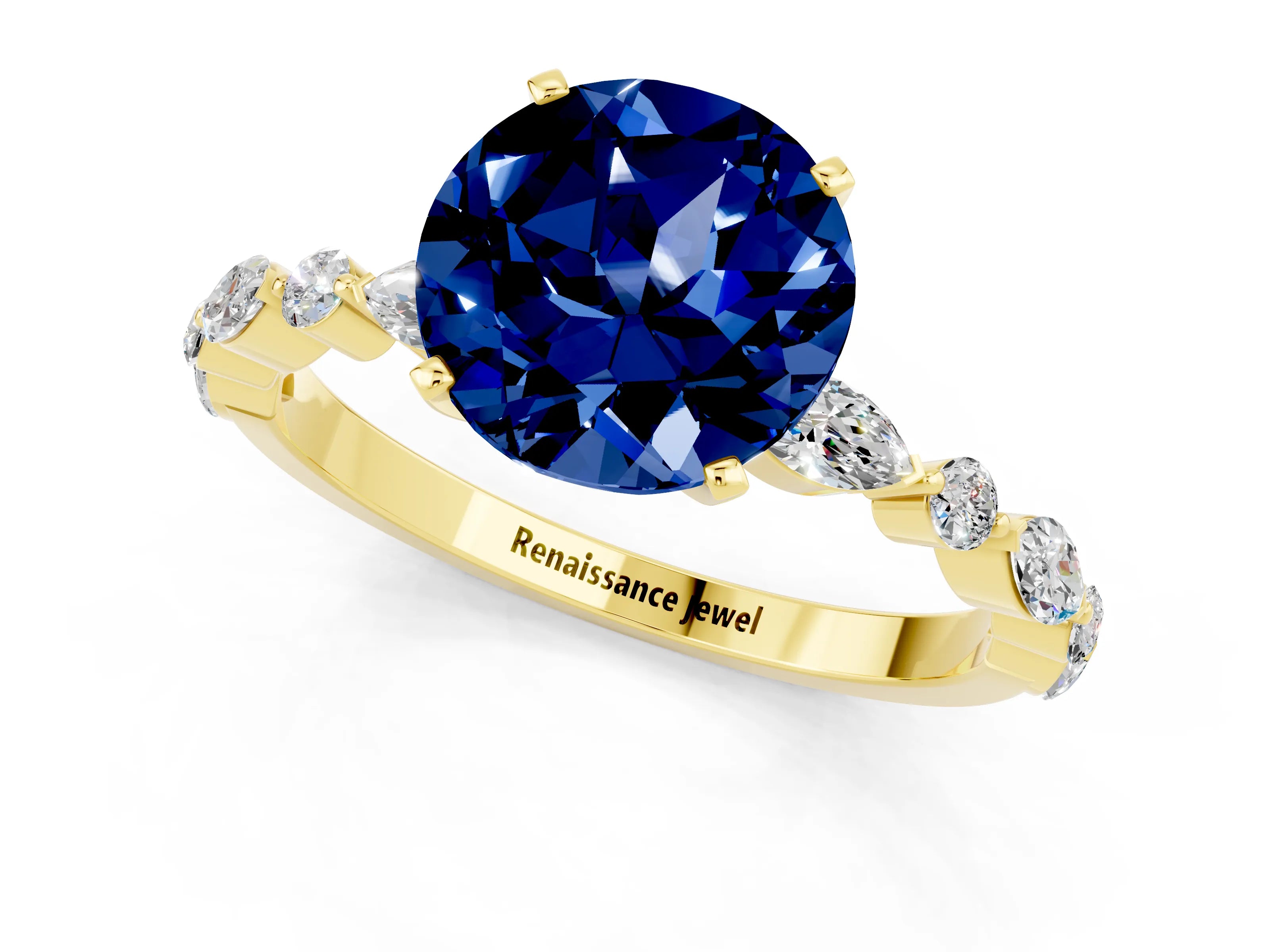 Yellow gold Round Cut Blue Sapphire Solitaire with Side Stones on a Pavé Band and Four-Prong Setting_1