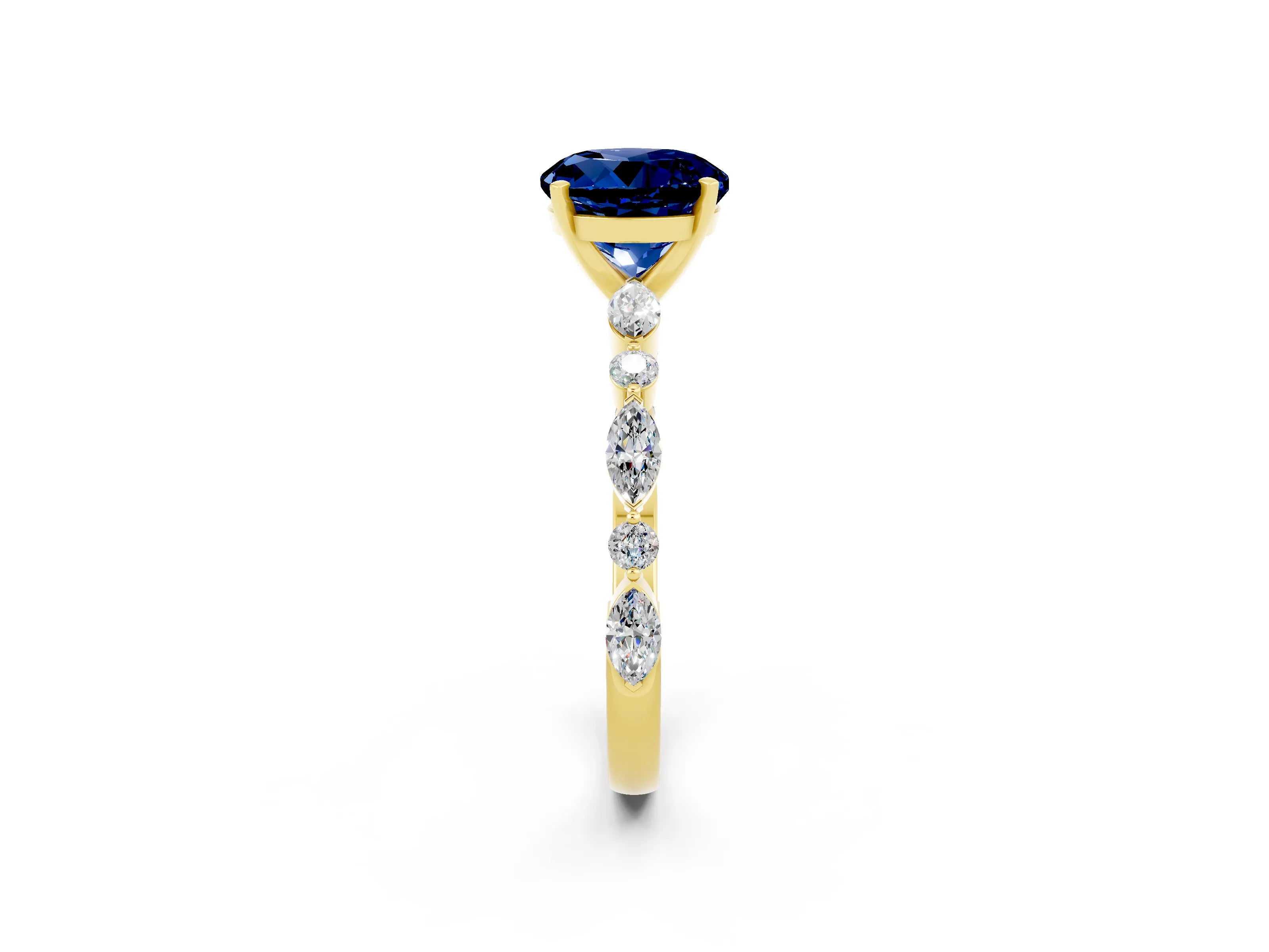 Yellow gold Round Cut Blue Sapphire Solitaire with Side Stones on a Pavé Band and Four-Prong Setting_2