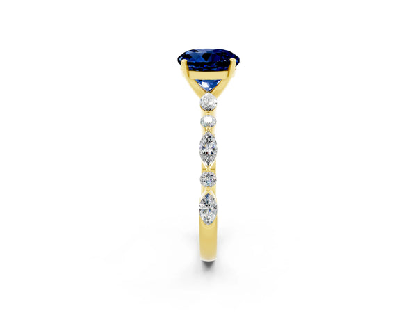 Yellow gold Round Cut Blue Sapphire Ring with Marquise and Round  Side Stones and Four-Prong Setting
