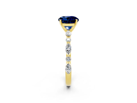 Yellow gold Round Cut Blue Sapphire Solitaire with Side Stones on a Pavé Band and Four-Prong Setting_2