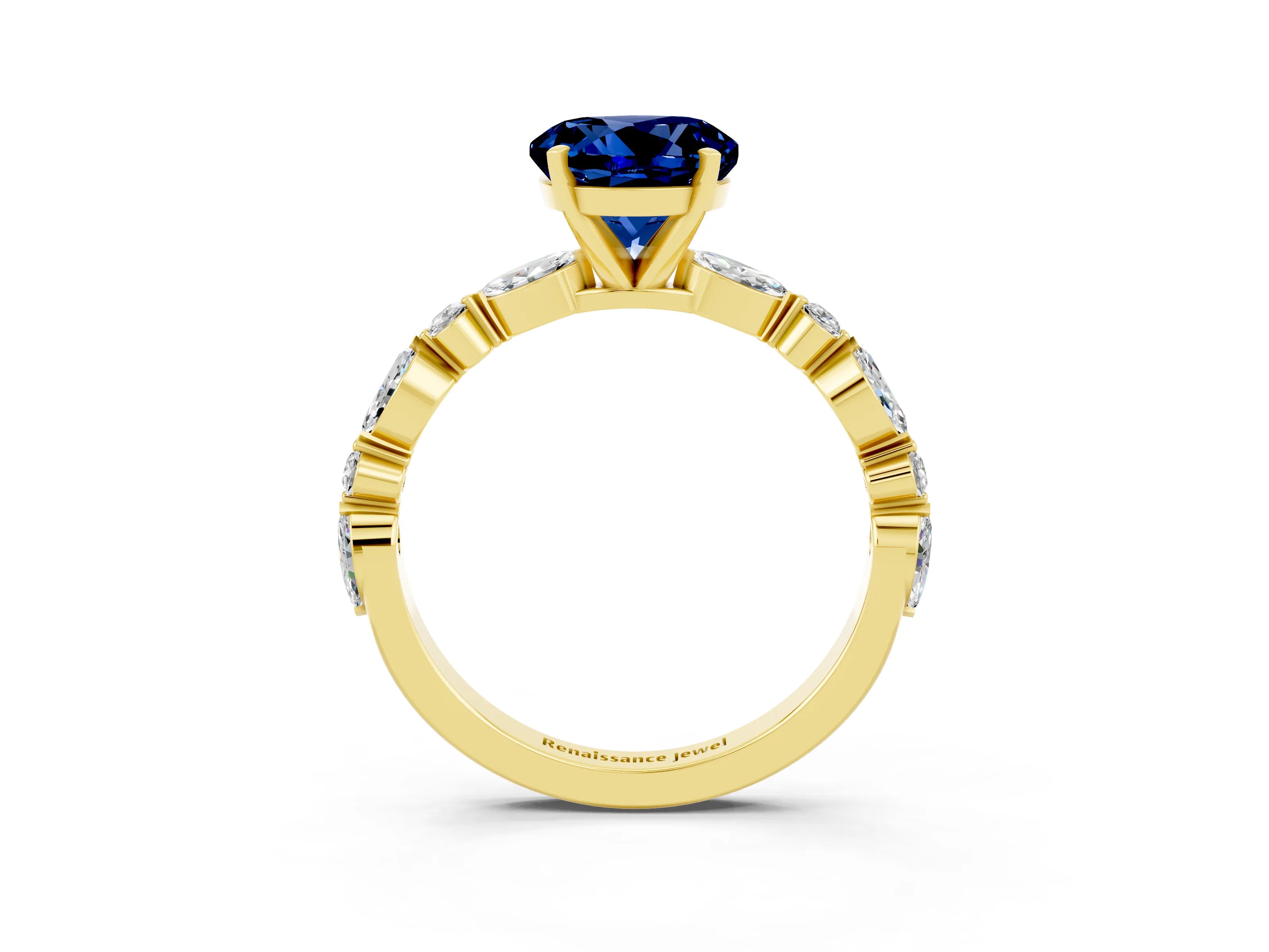 Yellow gold Round Cut Blue Sapphire Solitaire with Side Stones on a Pavé Band and Four-Prong Setting_3