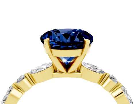 Yellow gold Round Cut Blue Sapphire Solitaire with Side Stones on a Pavé Band and Four-Prong Setting_4
