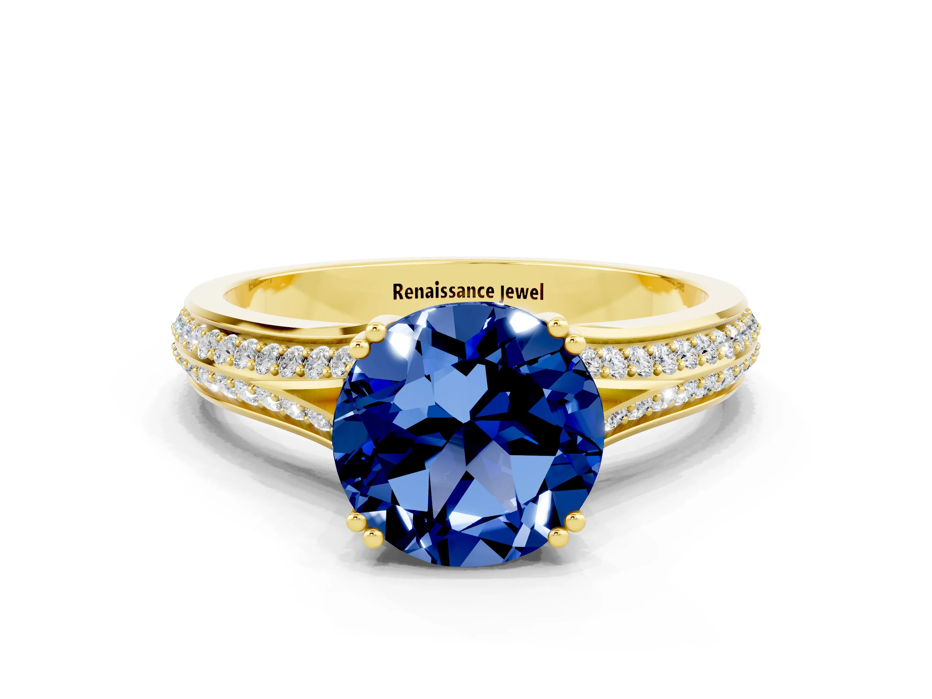 Yellow gold Round Cut Blue Sapphire Split Shank Engagement Ring with Pavé Band