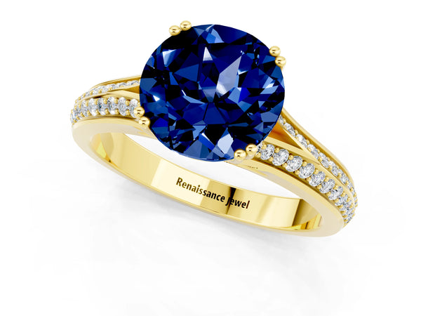 Yellow gold Round Cut Blue Sapphire Split Shank Engagement Ring with Pavé Band