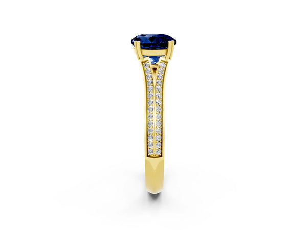 Yellow gold Round Cut Blue Sapphire Split Shank Engagement Ring with Pavé Band