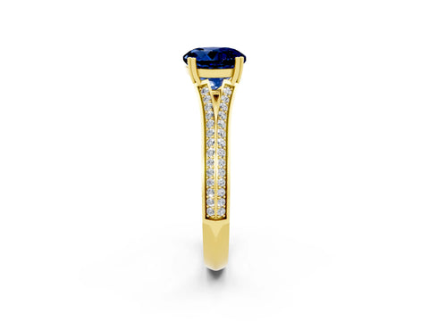 Yellow gold Round Cut Blue Sapphire Split Shank Engagement Ring with Pavé Band_2
