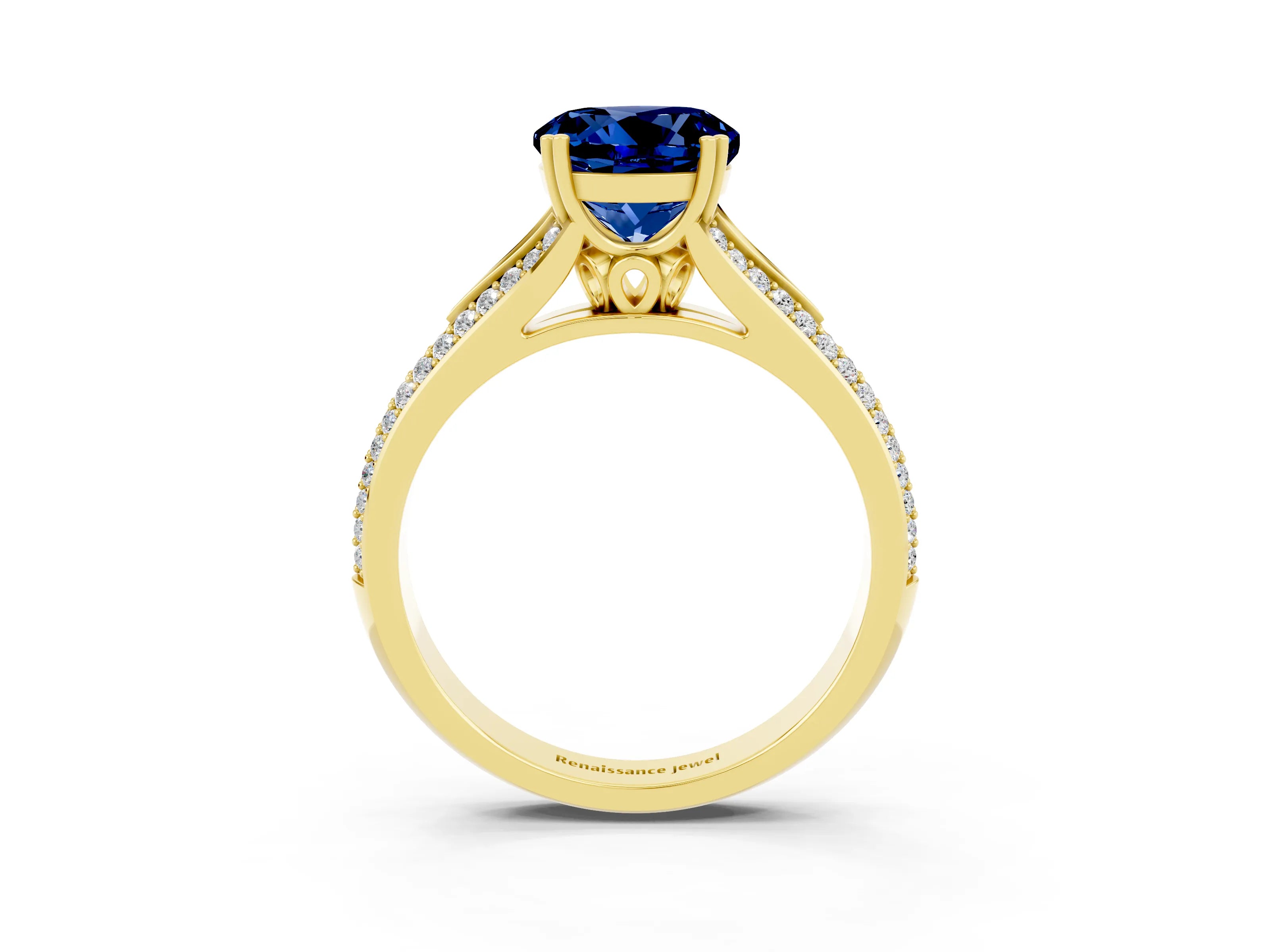 Yellow gold Round Cut Blue Sapphire Split Shank Engagement Ring with Pavé Band_3