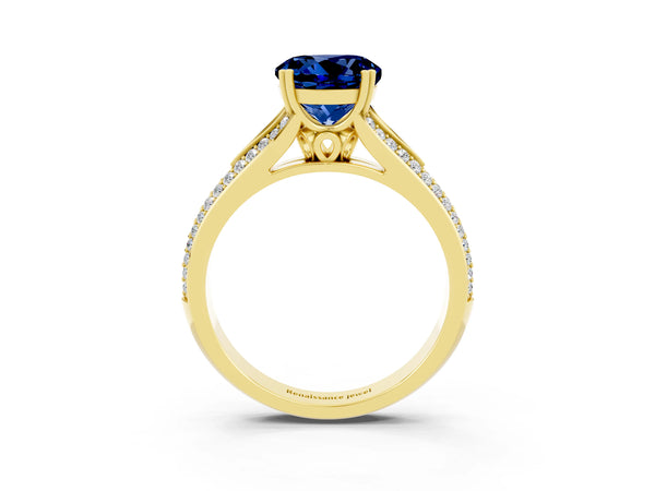 Yellow gold Round Cut Blue Sapphire Split Shank Engagement Ring with Pavé Band