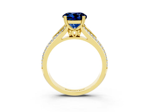 Yellow gold Round Cut Blue Sapphire Split Shank Engagement Ring with Pavé Band_3