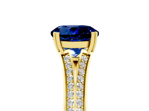 Yellow gold Round Cut Blue Sapphire Split Shank Engagement Ring with Pavé Band_5