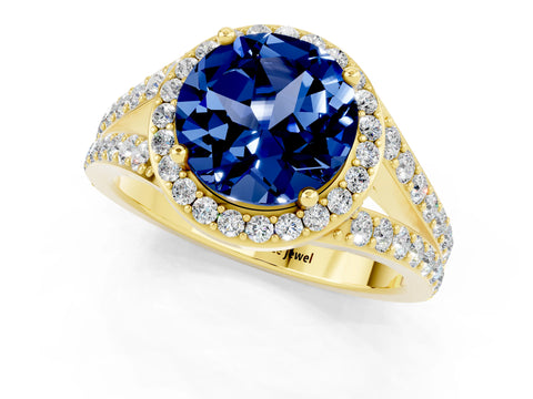 Yellow gold Round Cut Blue Sapphire Split Shank Halo Ring with Four-Prong Setting_13