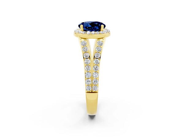 Yellow gold Round Cut Blue Sapphire Split Shank Halo Ring with Four-Prong Setting
