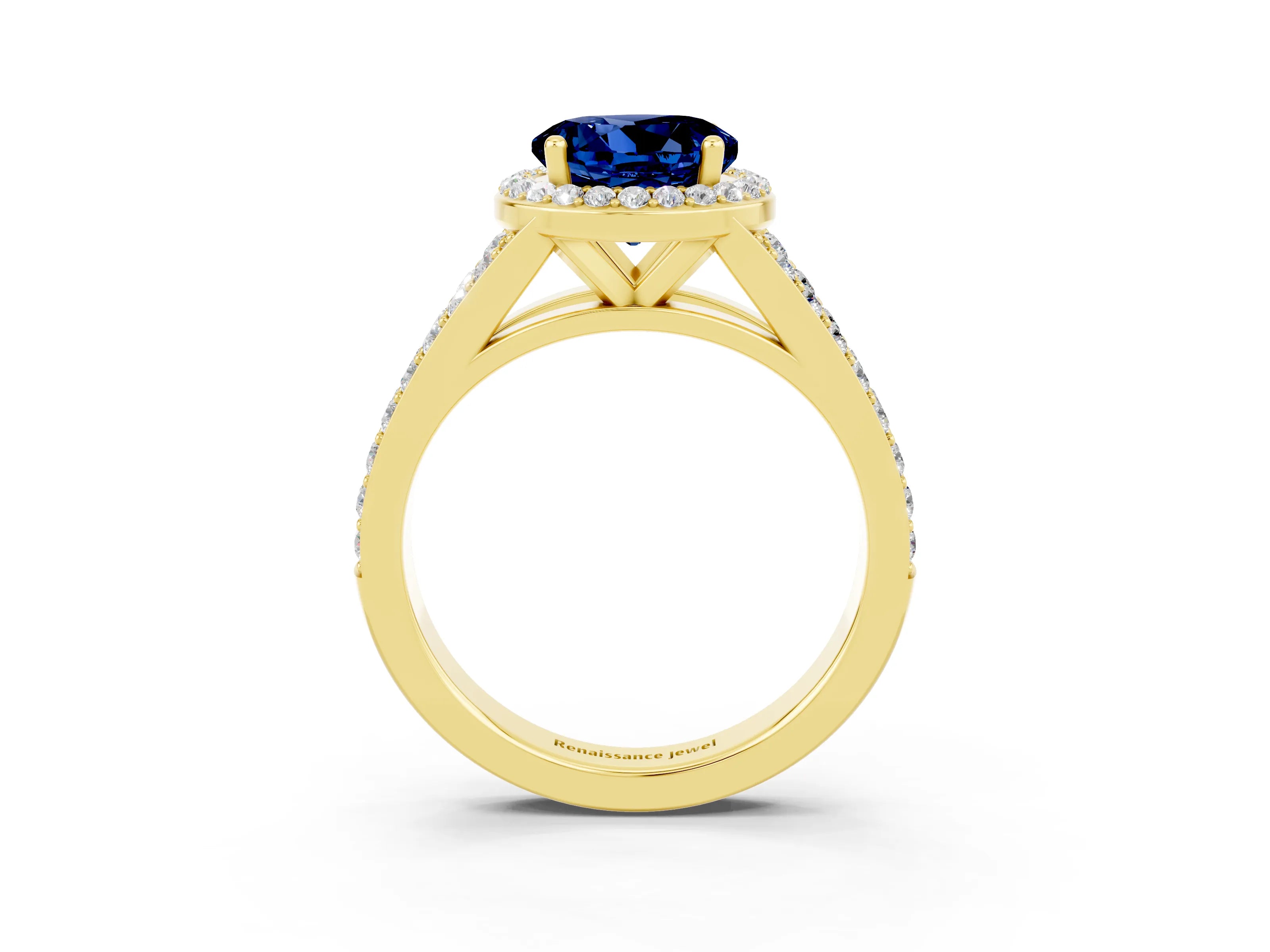 Yellow gold Round Cut Blue Sapphire Split Shank Halo Ring with Four-Prong Setting_15