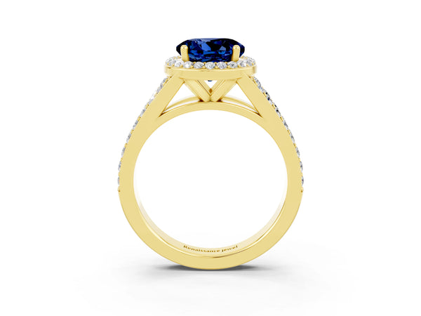 Yellow gold Round Cut Blue Sapphire Split Shank Halo Ring with Four-Prong Setting