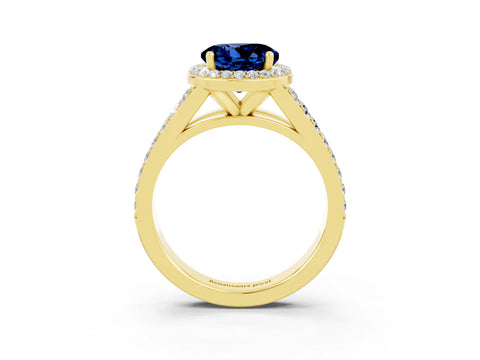 Yellow gold Round Cut Blue Sapphire Split Shank Halo Ring with Four-Prong Setting_15