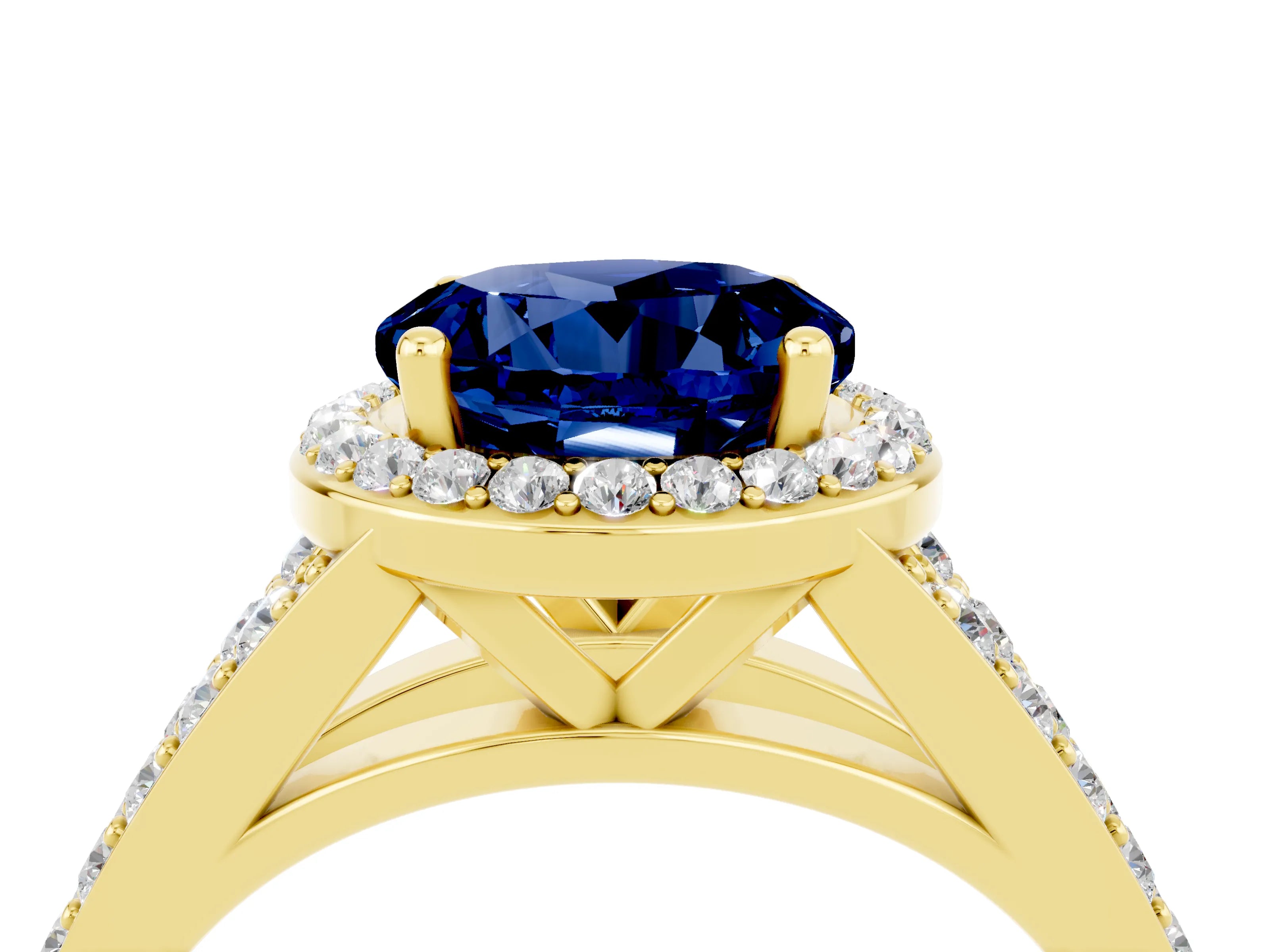 Yellow gold Round Cut Blue Sapphire Split Shank Halo Ring with Four-Prong Setting_16