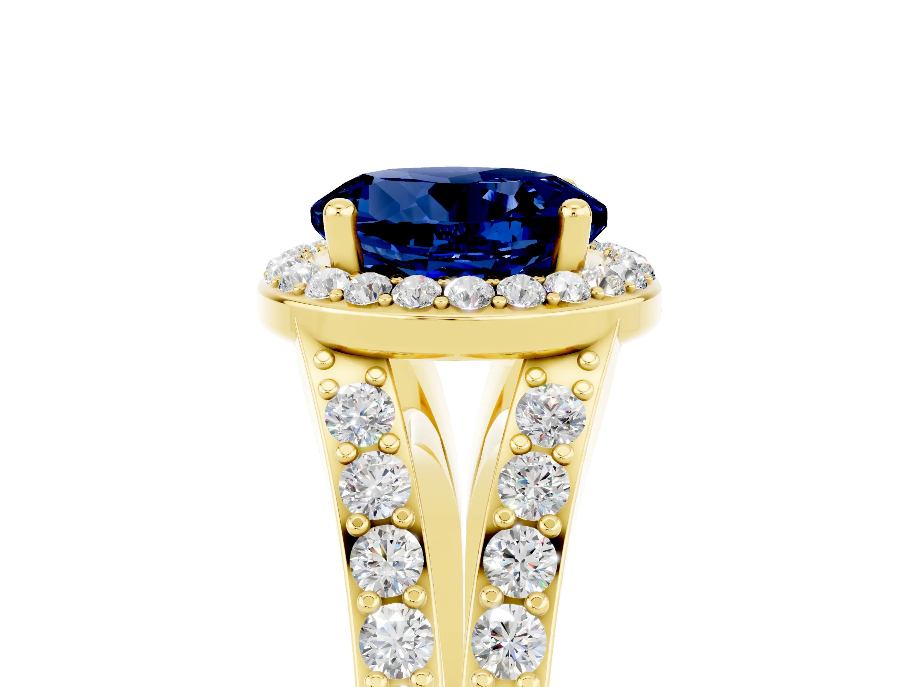 Yellow gold Round Cut Blue Sapphire Split Shank Halo Ring with Four-Prong Setting_17