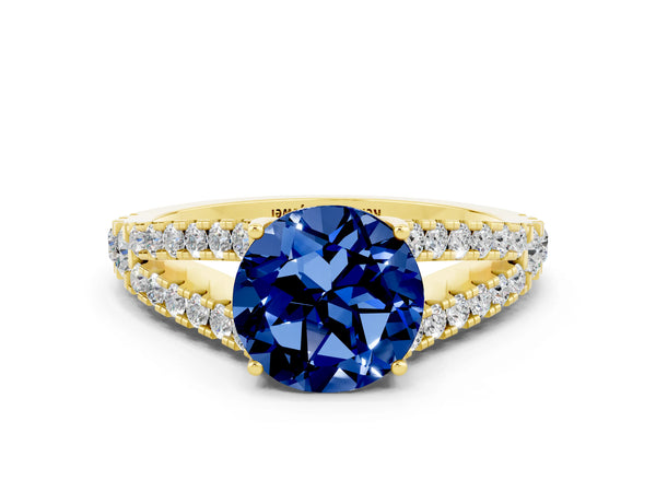Yellow gold Round Cut Blue Sapphire Split Shank Pavé Engagement Ring with Four-Prong Setting