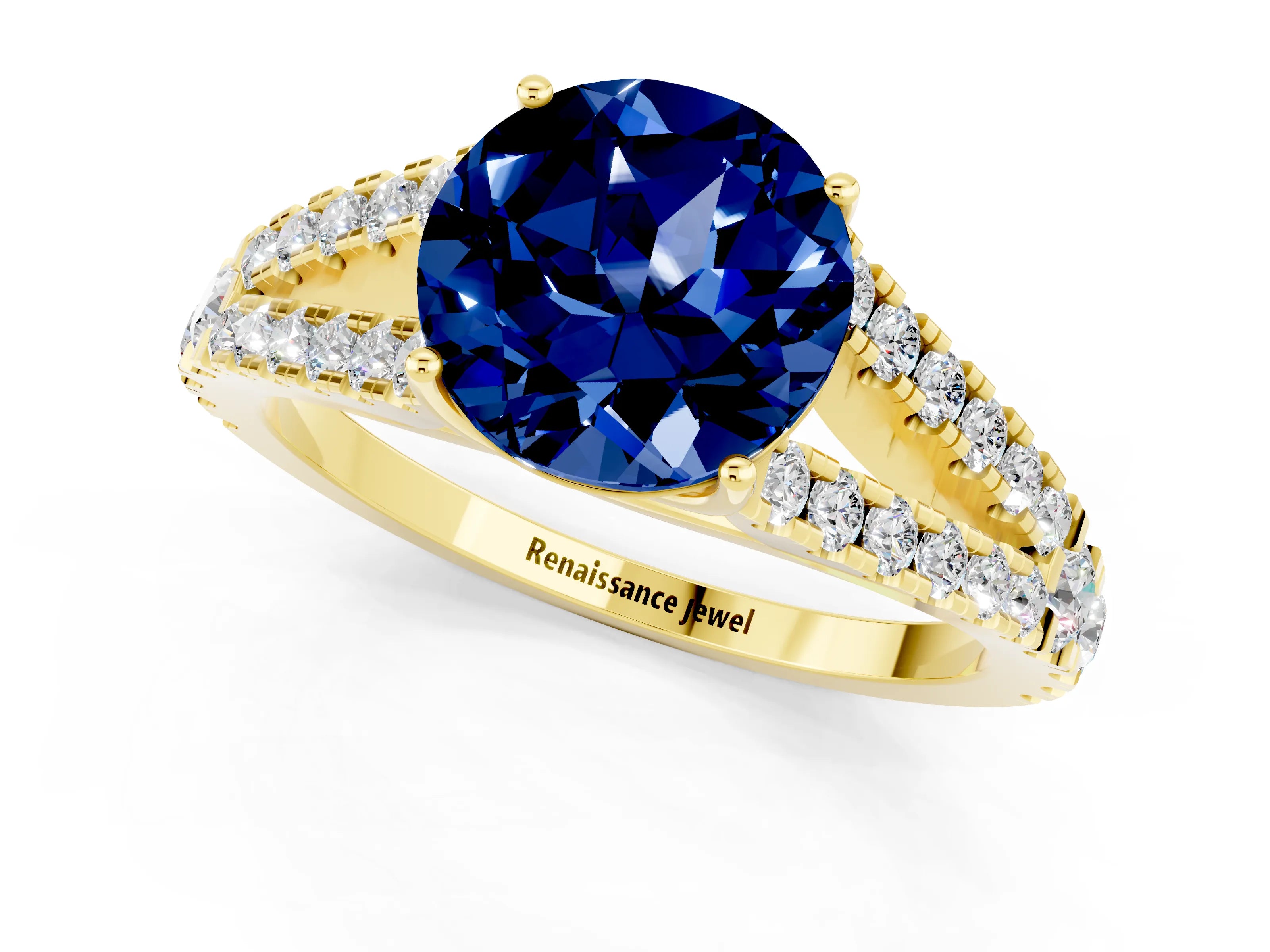 Yellow gold Round Cut Blue Sapphire Split Shank Pavé Engagement Ring with Four-Prong Setting_13