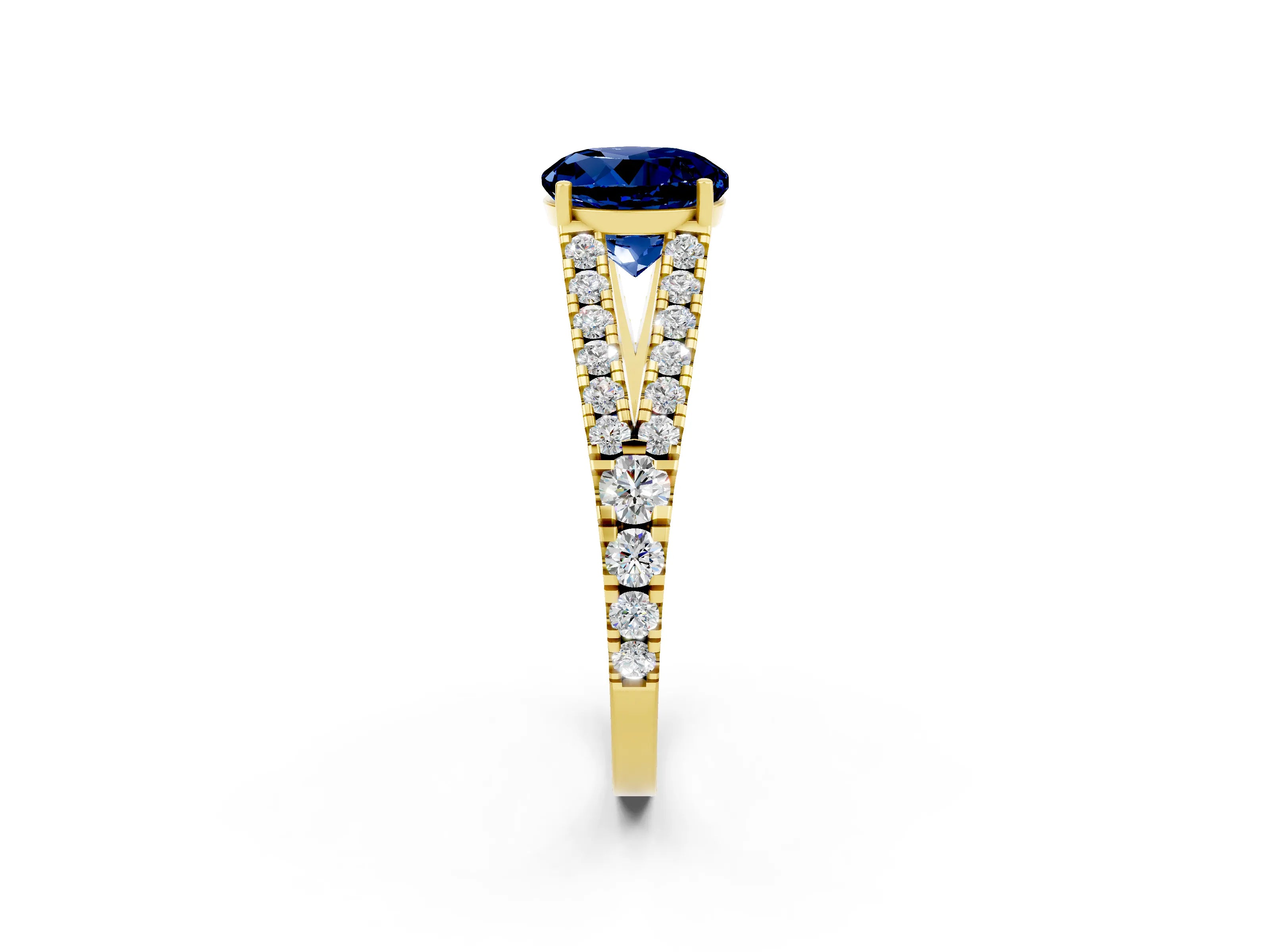 Yellow gold Round Cut Blue Sapphire Split Shank Pavé Engagement Ring with Four-Prong Setting_14
