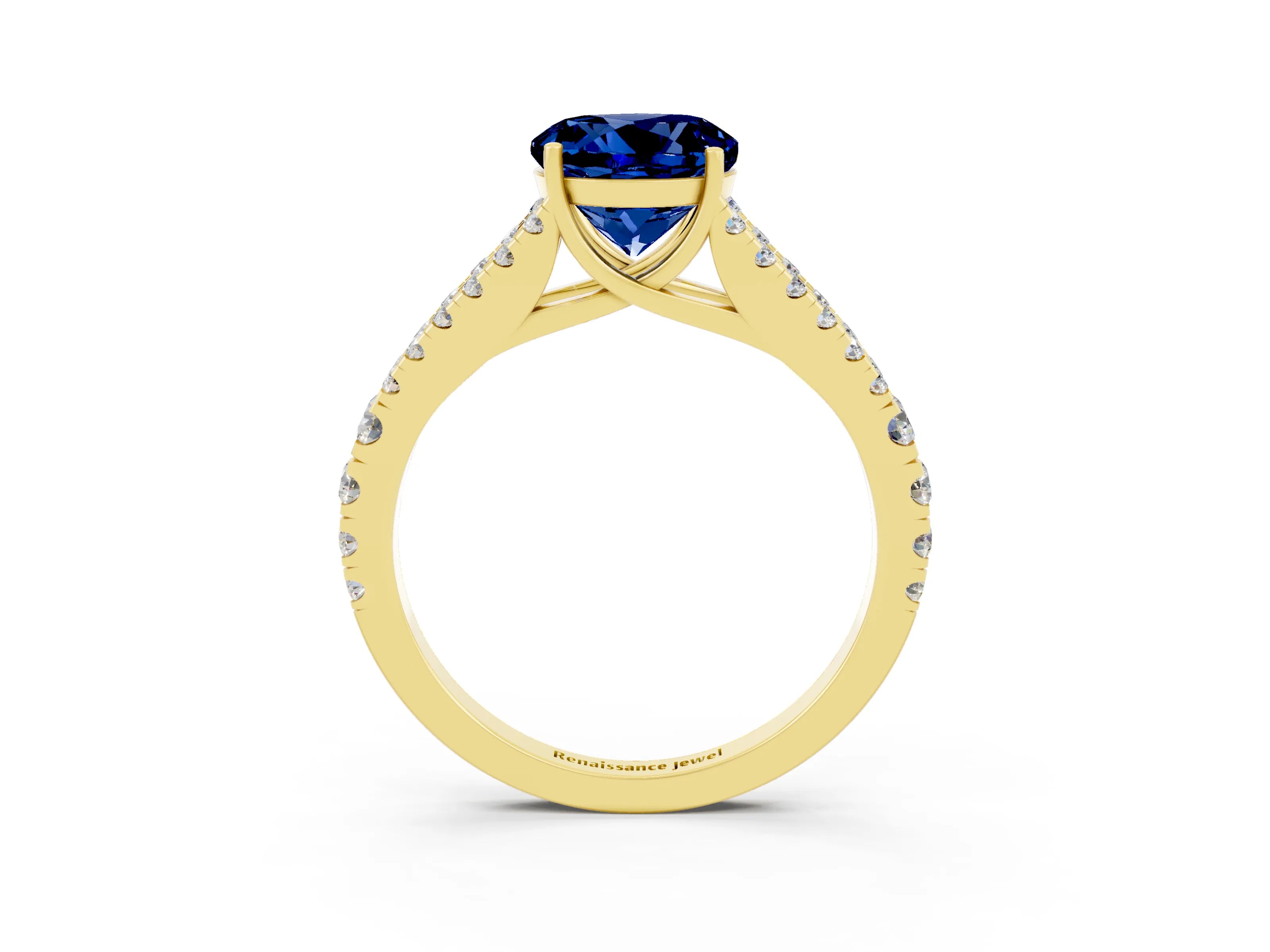 Yellow gold Round Cut Blue Sapphire Split Shank Pavé Engagement Ring with Four-Prong Setting_15