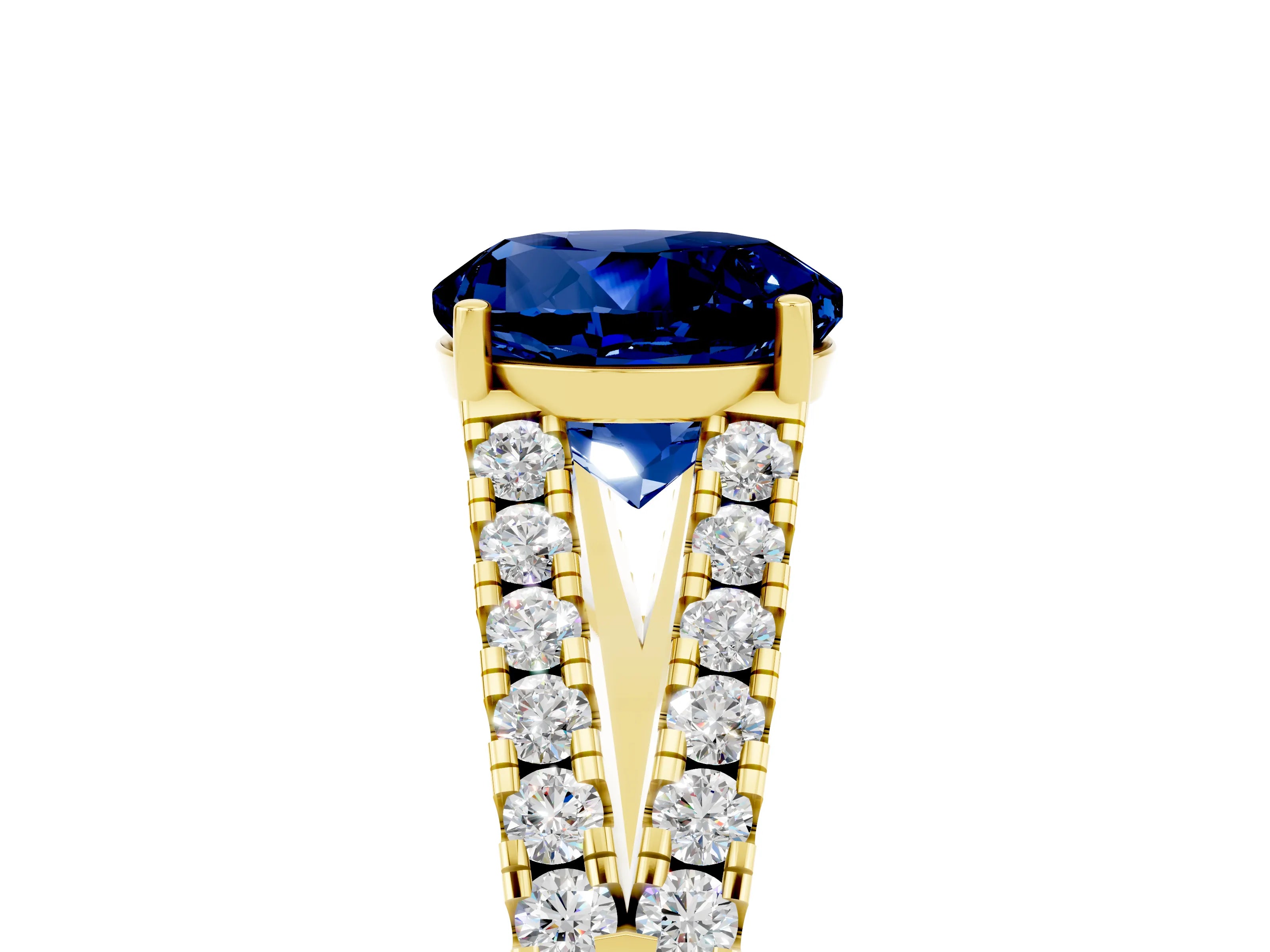 Yellow gold Round Cut Blue Sapphire Split Shank Pavé Engagement Ring with Four-Prong Setting_17