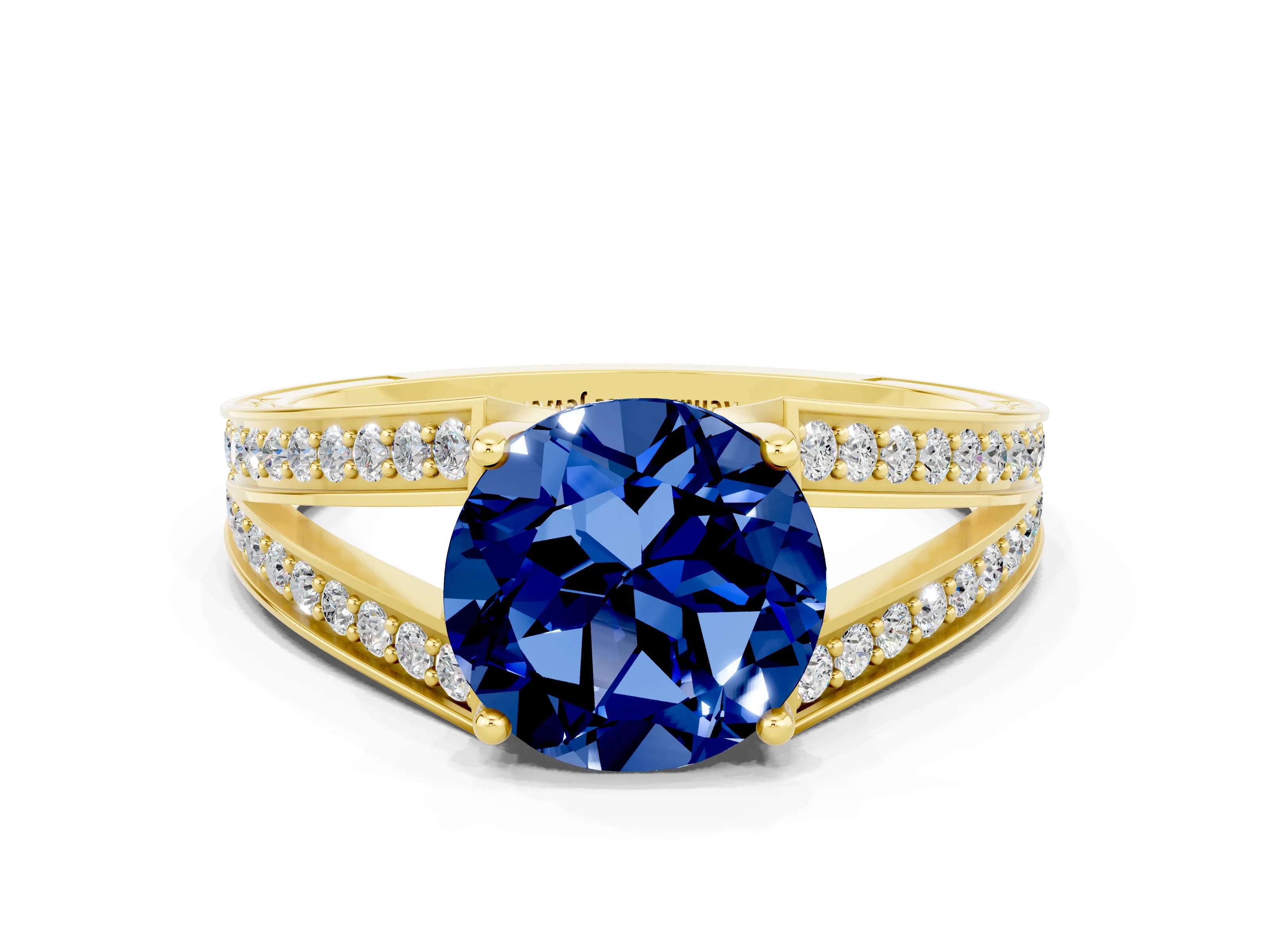 Yellow gold Round Cut Blue Sapphire Split Shank Ring with Pavé Band and Four-Prong Setting