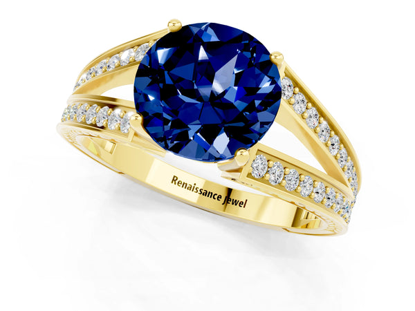 Yellow gold Round Cut Blue Sapphire Split Shank Ring with Pavé Band and Four-Prong Setting