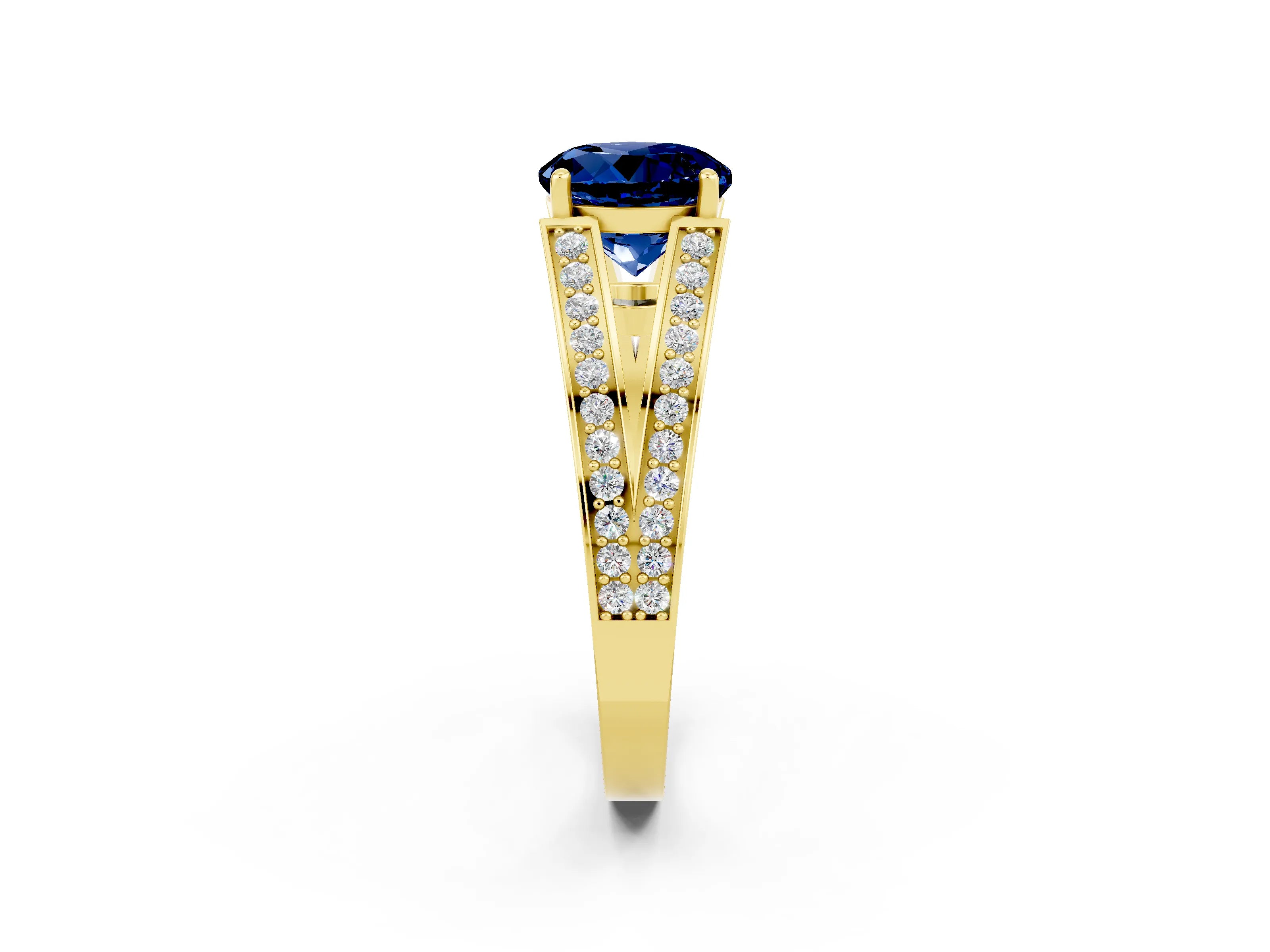 Yellow gold Round Cut Blue Sapphire Split Shank Ring with Pavé Band and Four-Prong Setting_2