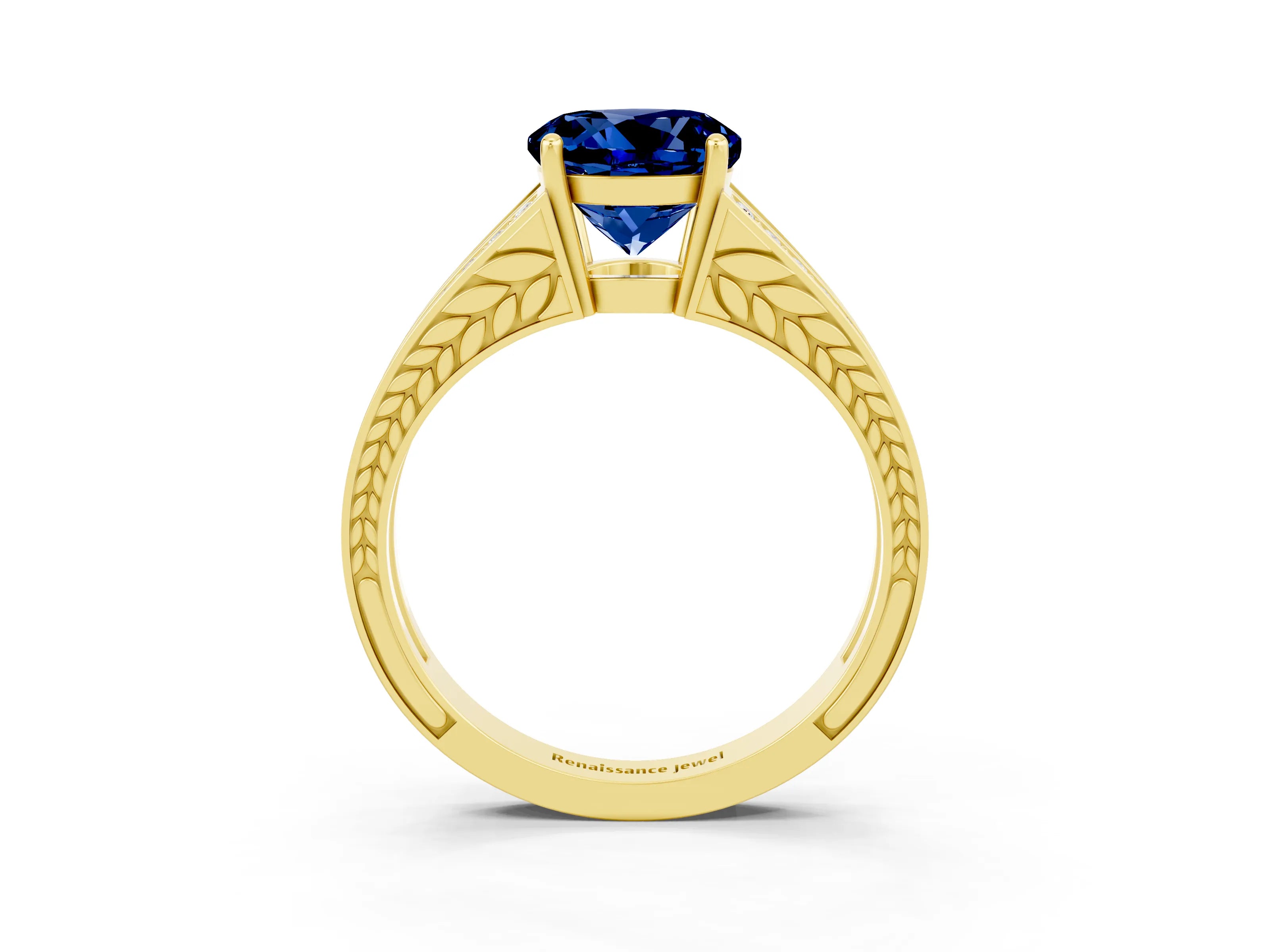Yellow gold Round Cut Blue Sapphire Split Shank Ring with Pavé Band and Four-Prong Setting_3