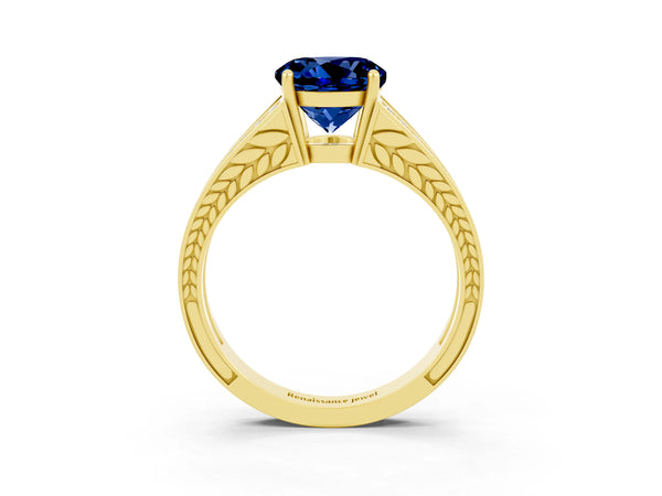 Yellow gold Round Cut Blue Sapphire Split Shank Ring with Pavé Band and Four-Prong Setting