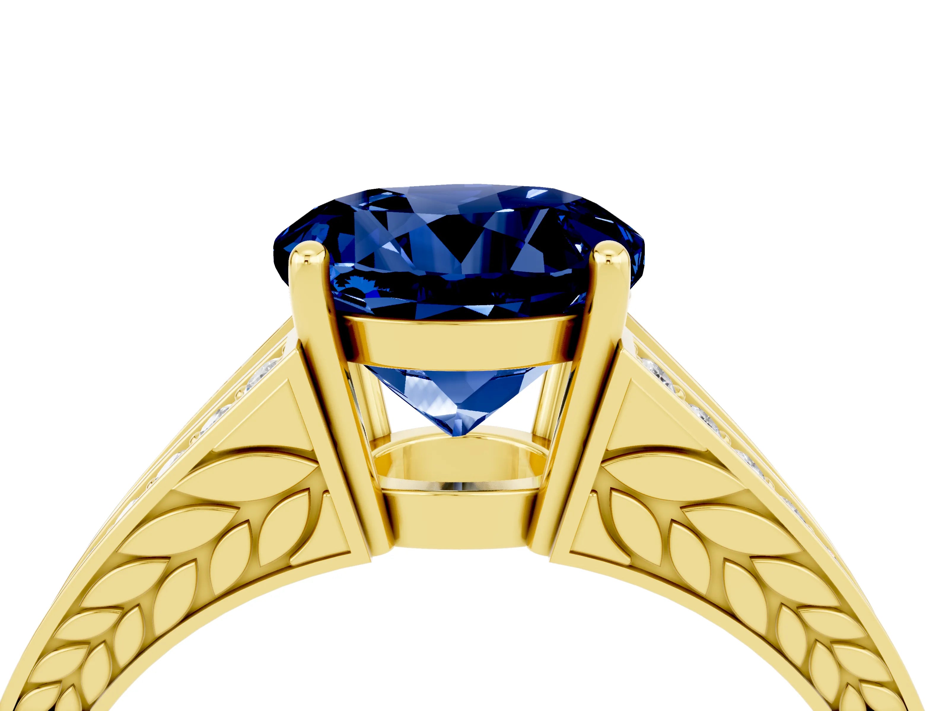 Yellow gold Round Cut Blue Sapphire Split Shank Ring with Pavé Band and Four-Prong Setting_4